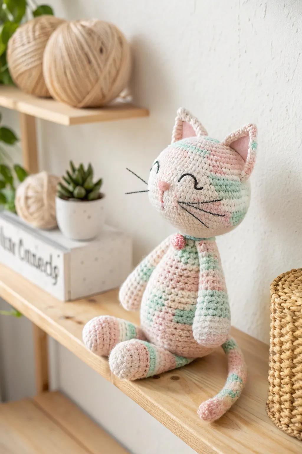 Embrace the charm of imperfection with this adorable pastel amigurumi cat. A sweet addition to any minimalist space!