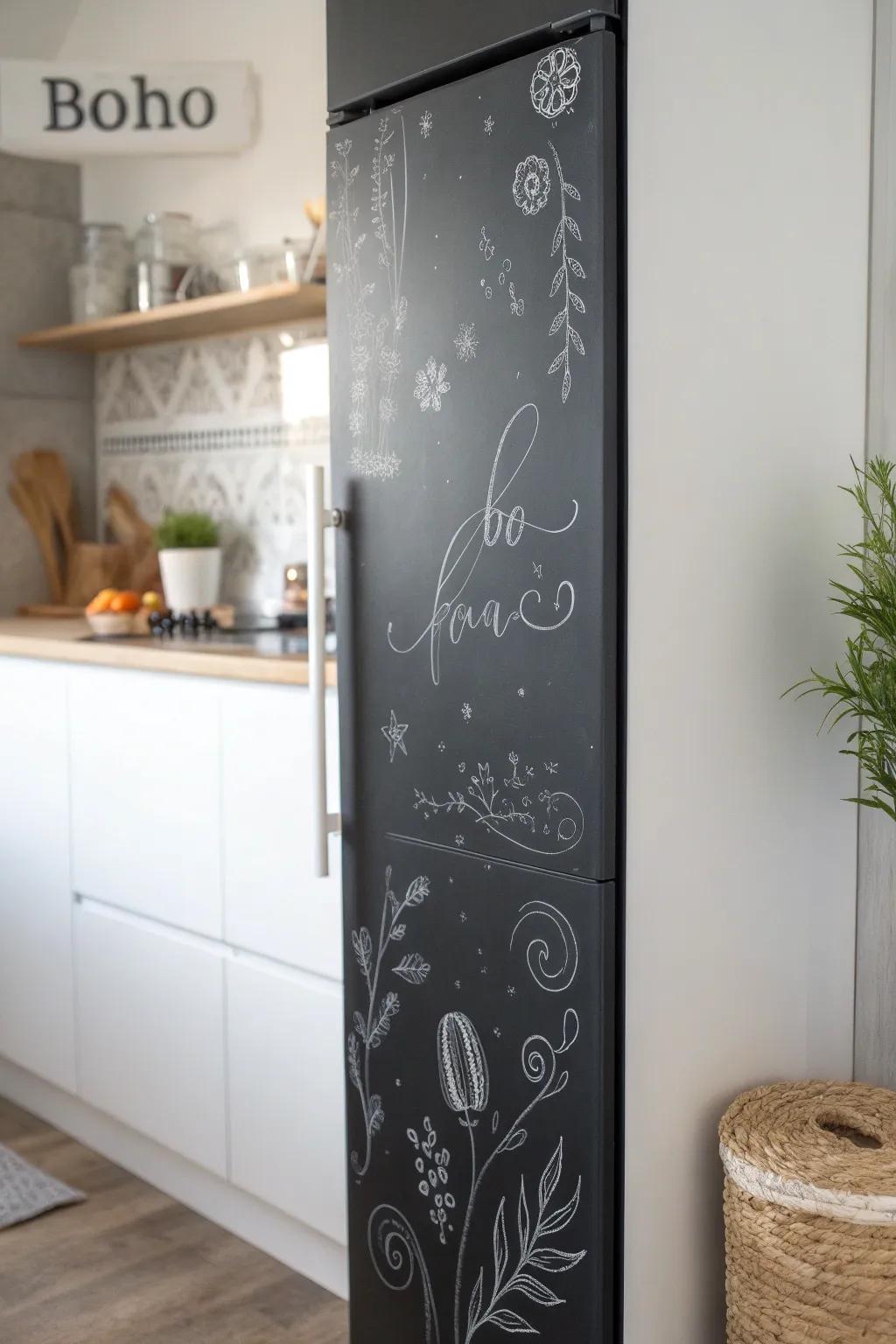 Transform your kitchen into a creative hub with chic chalkboard contact paper. Perfect for stylish lists and doodles!