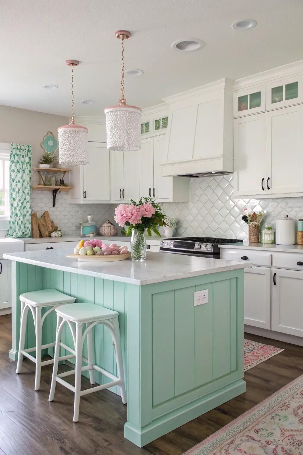 A mint green kitchen island provides a fresh and calming ambiance in this inviting kitchen.