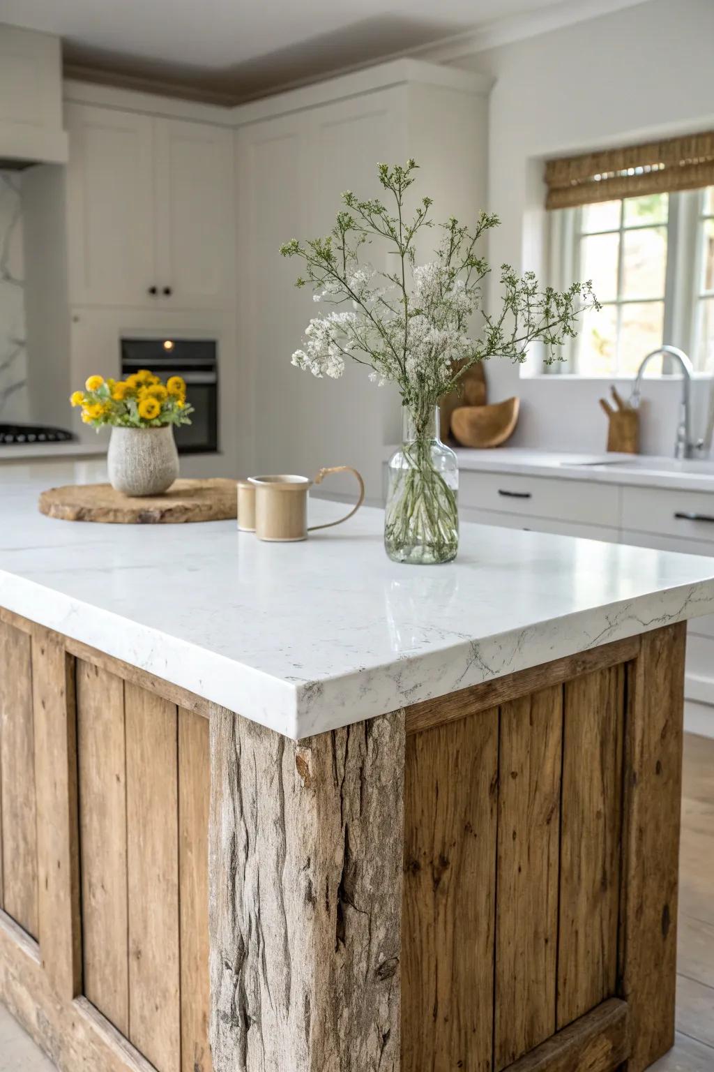 Elevate your kitchen's aesthetic with a stunning blend of smooth marble and rustic wood textures.