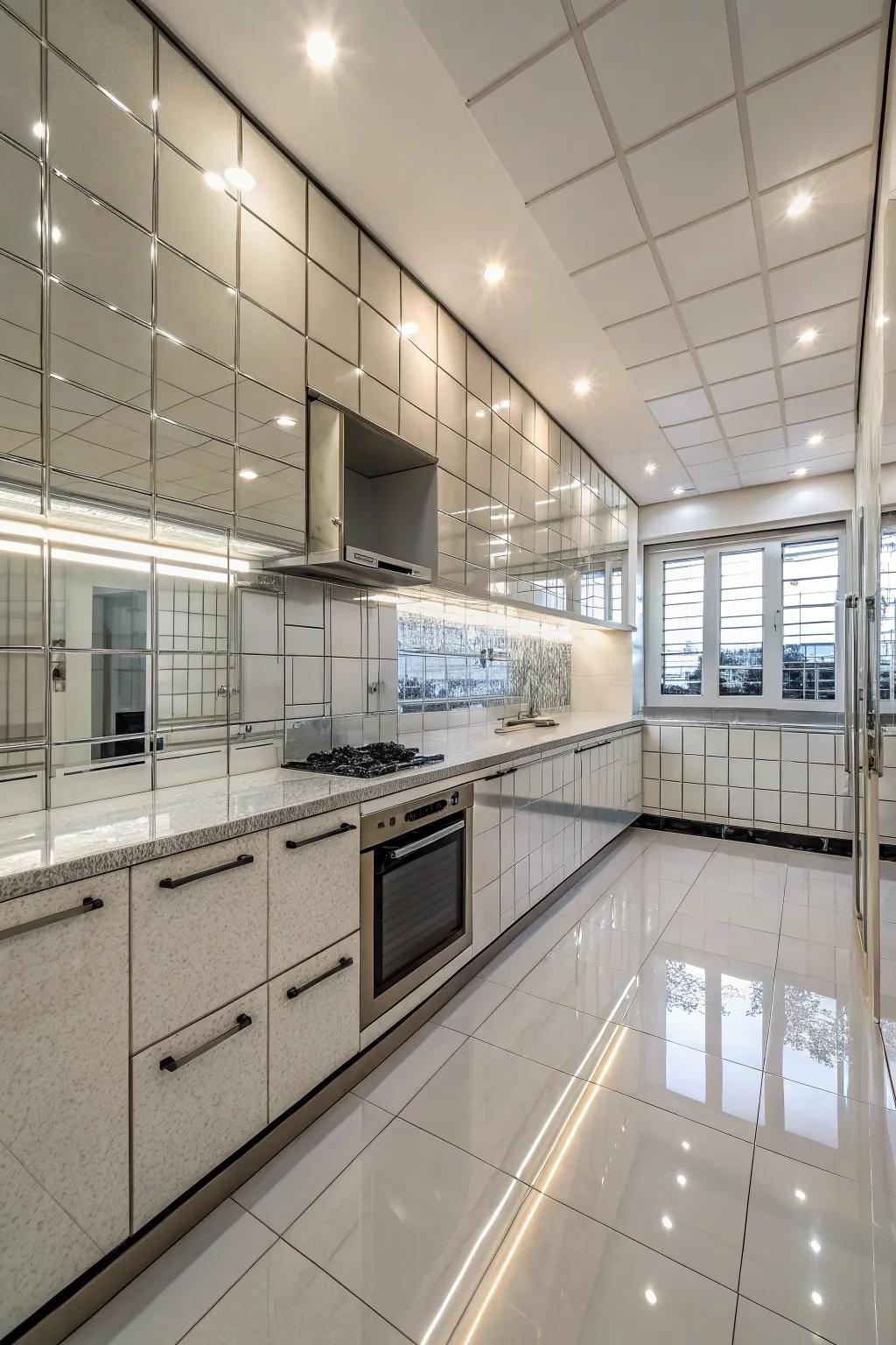 Mirrored tiles reflect light, brightening up this kitchen.