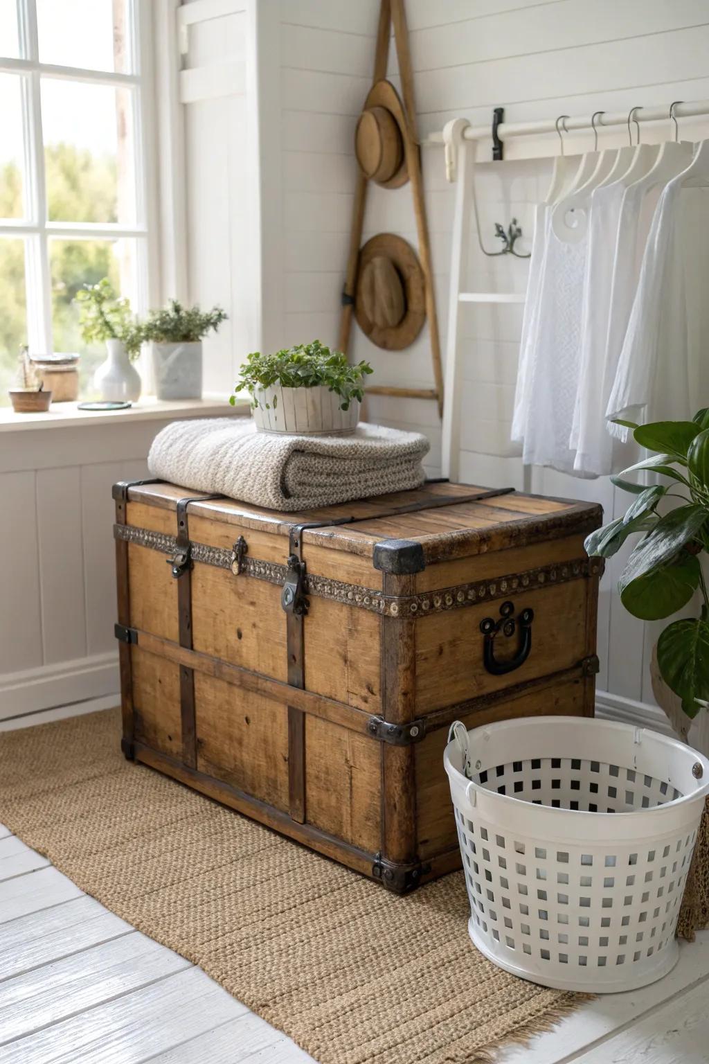 Transform your laundry space with a vintage trunk pedestal—where history meets modern minimalism.