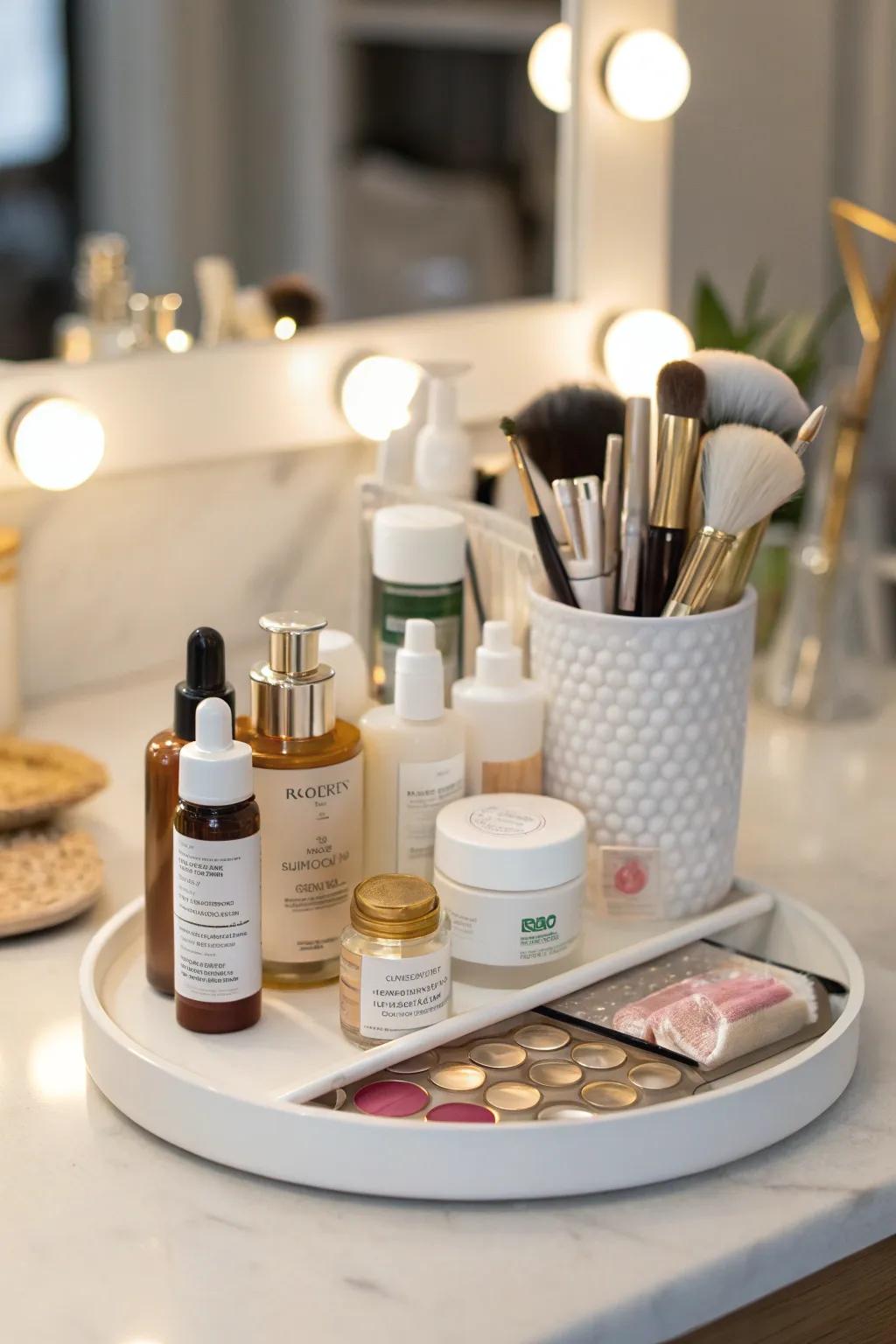 A glamorous vanity setup with a lazy susan for beauty products.