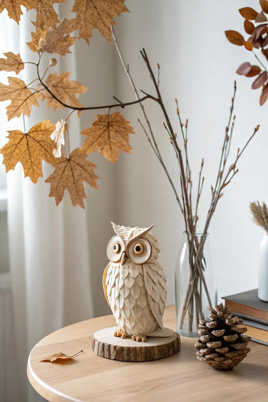 Crafted Elegance: Discover the beauty of nature with this leaf and stick owl sculpture.
