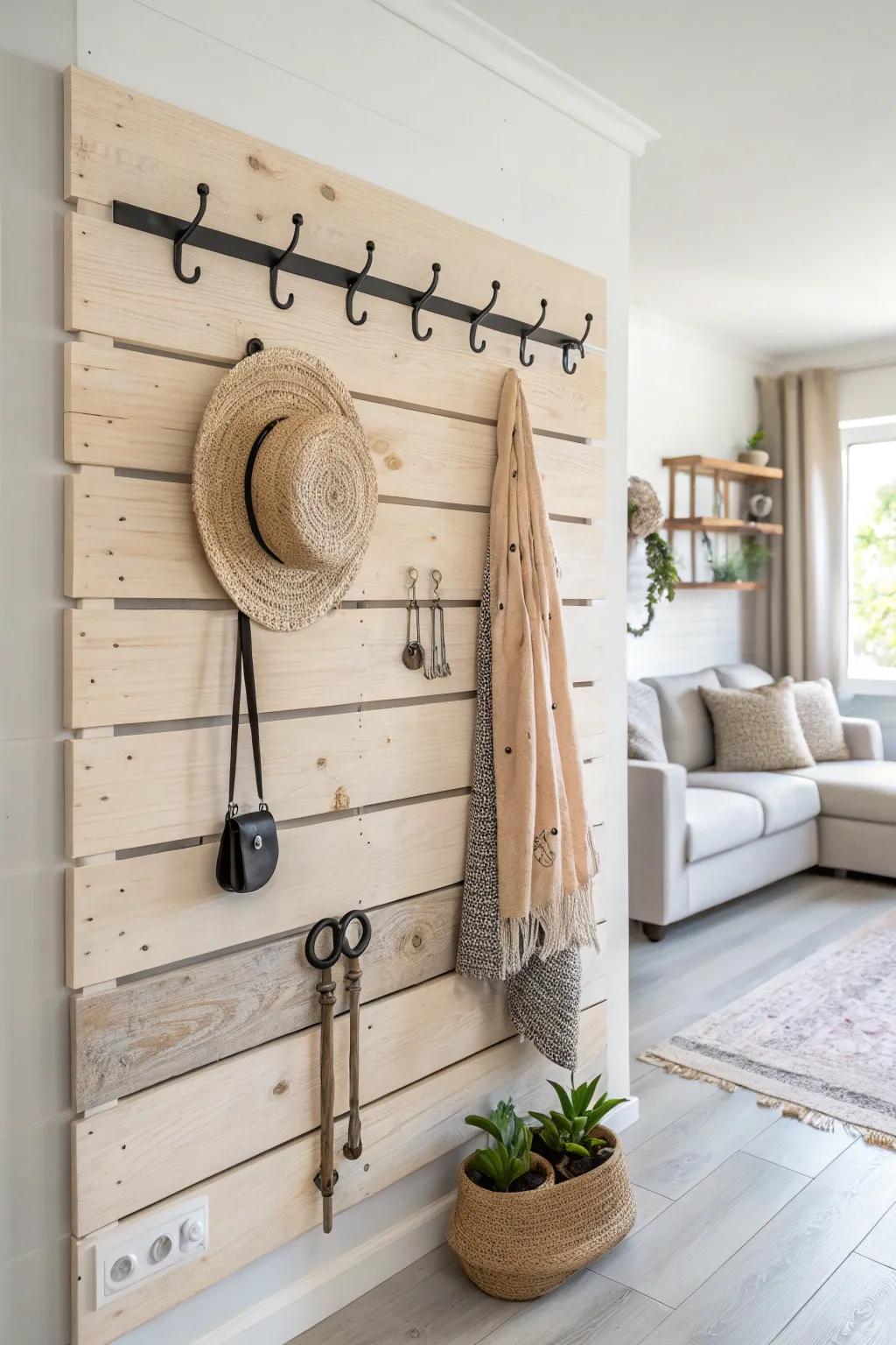 Transform your living space with a chic pallet wall and stylish hooks, blending function and beauty effortlessly.