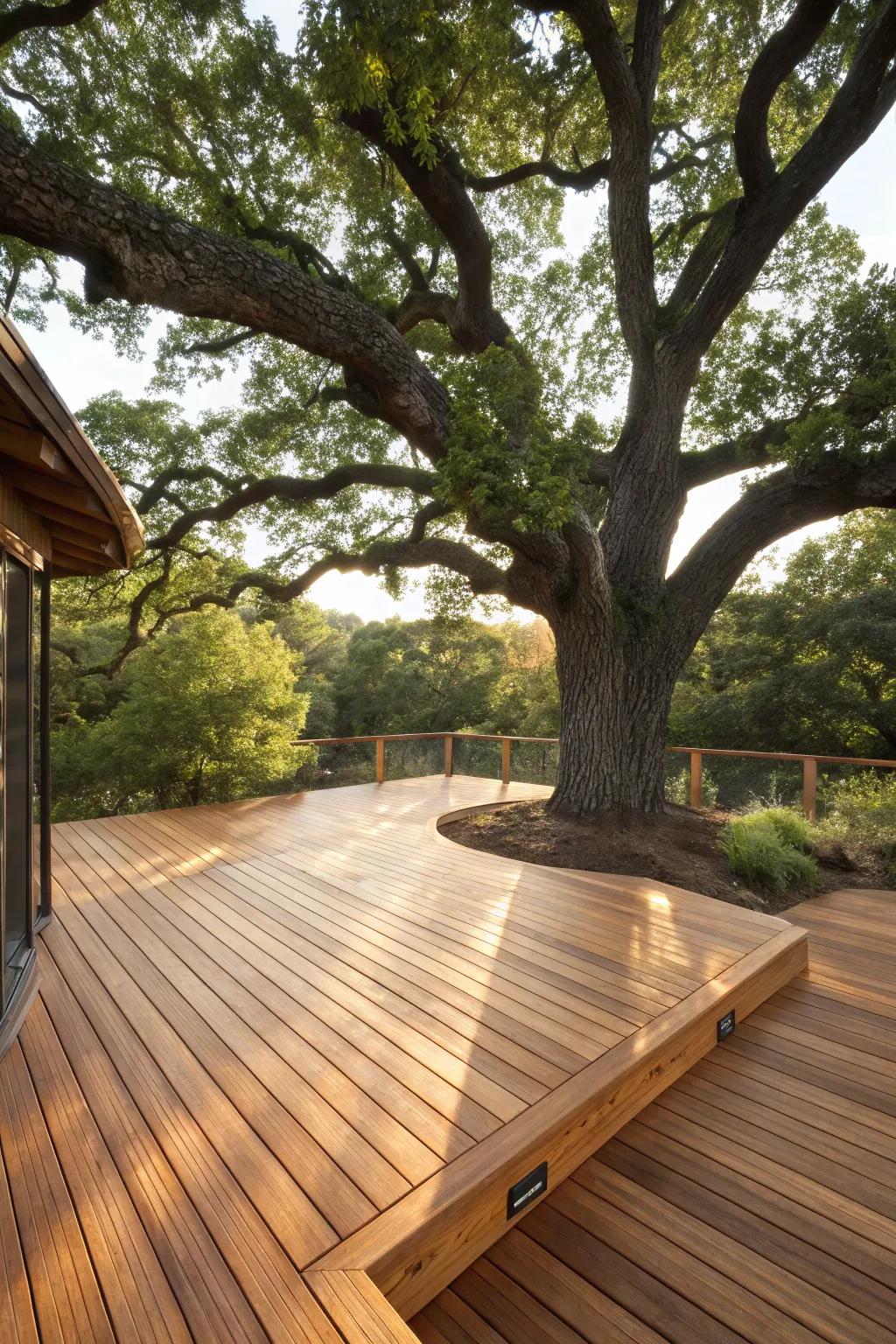 Embrace nature with a deck that hugs an oak, creating your personal treehouse retreat.