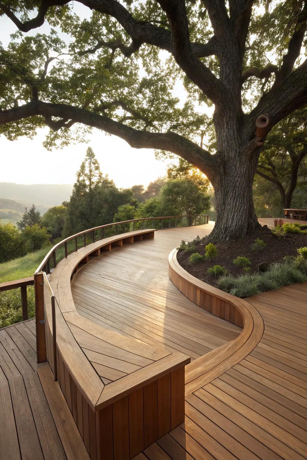 Elevate your outdoor space with a stunning curved deck design that embraces nature's beauty.