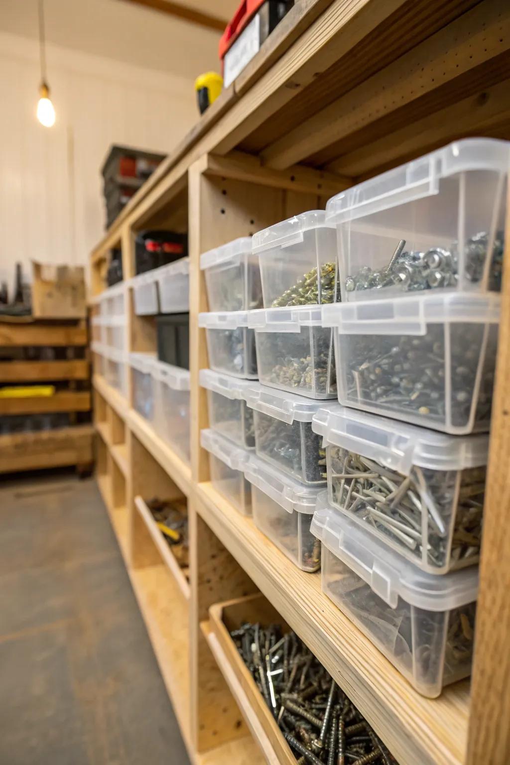 Streamline your workshop with transparent bins for effortless access and organization.