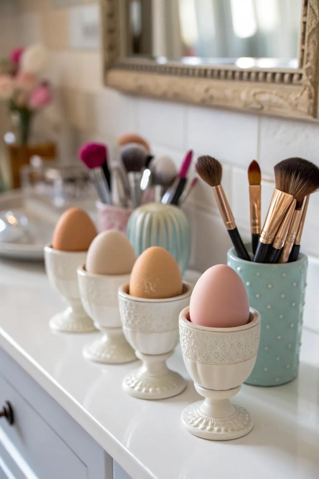 Egg cups offer a quirky and functional solution for blender storage.