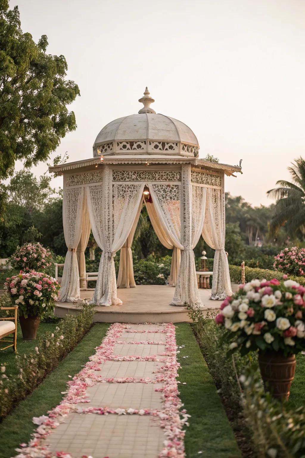 Lace elements add vintage charm and timeless elegance to a mandap.