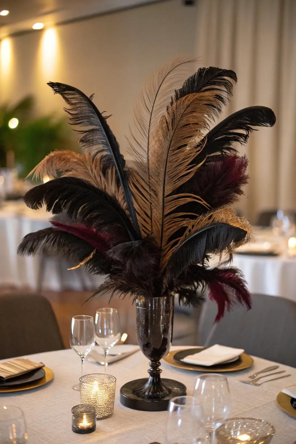 Feathers add drama and elegance to your centerpiece.
