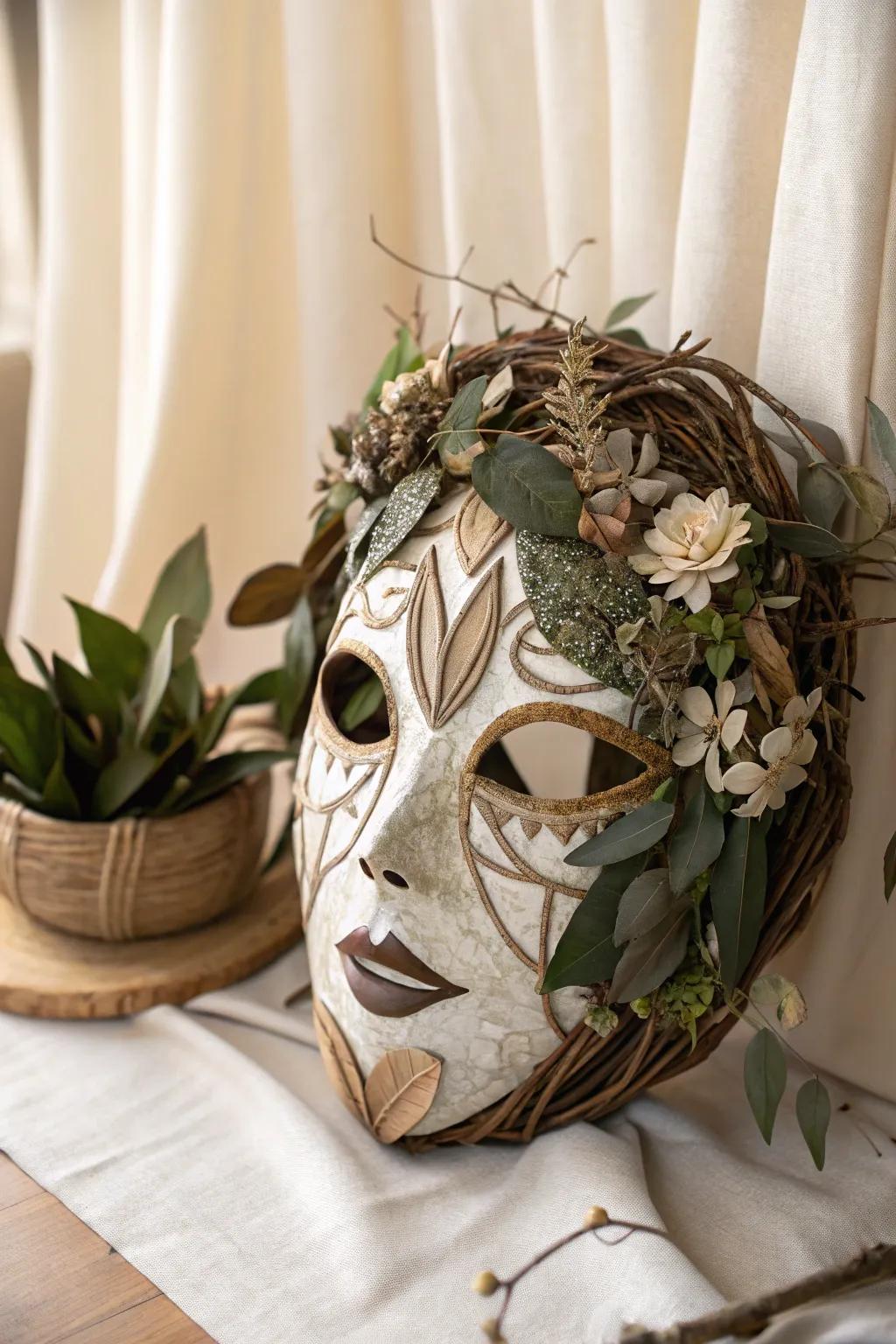 Embrace the art of nature with this stunning handcrafted mask, where simplicity meets organic elegance.