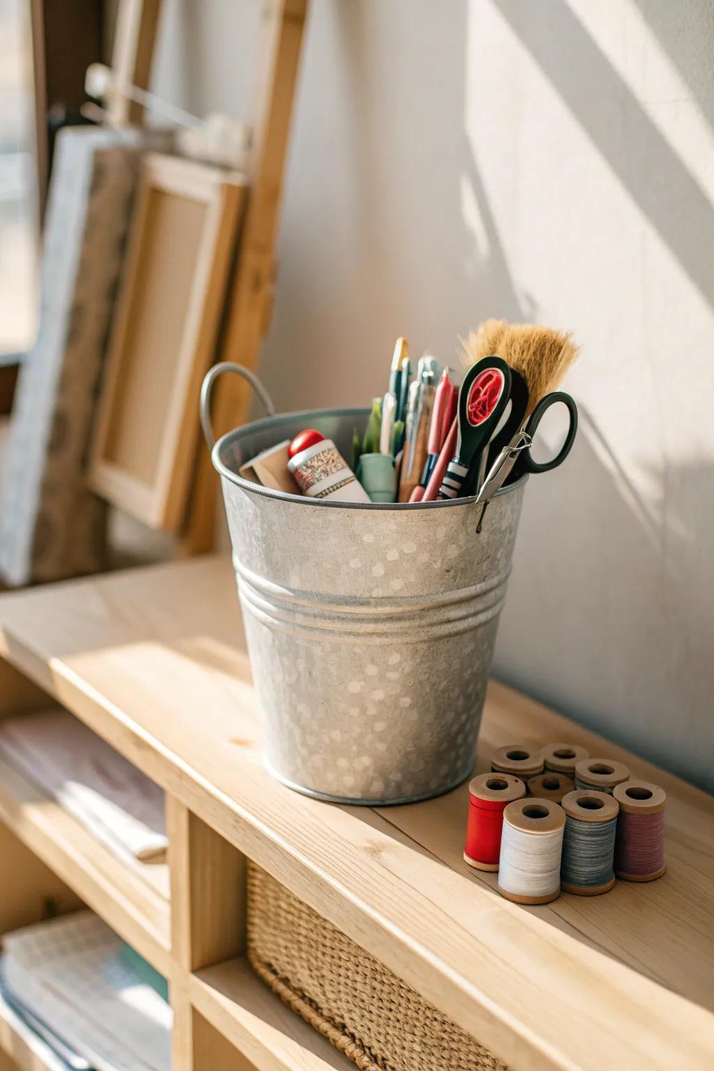 Organize your creativity in style with this chic metal bucket craft supplies holder.