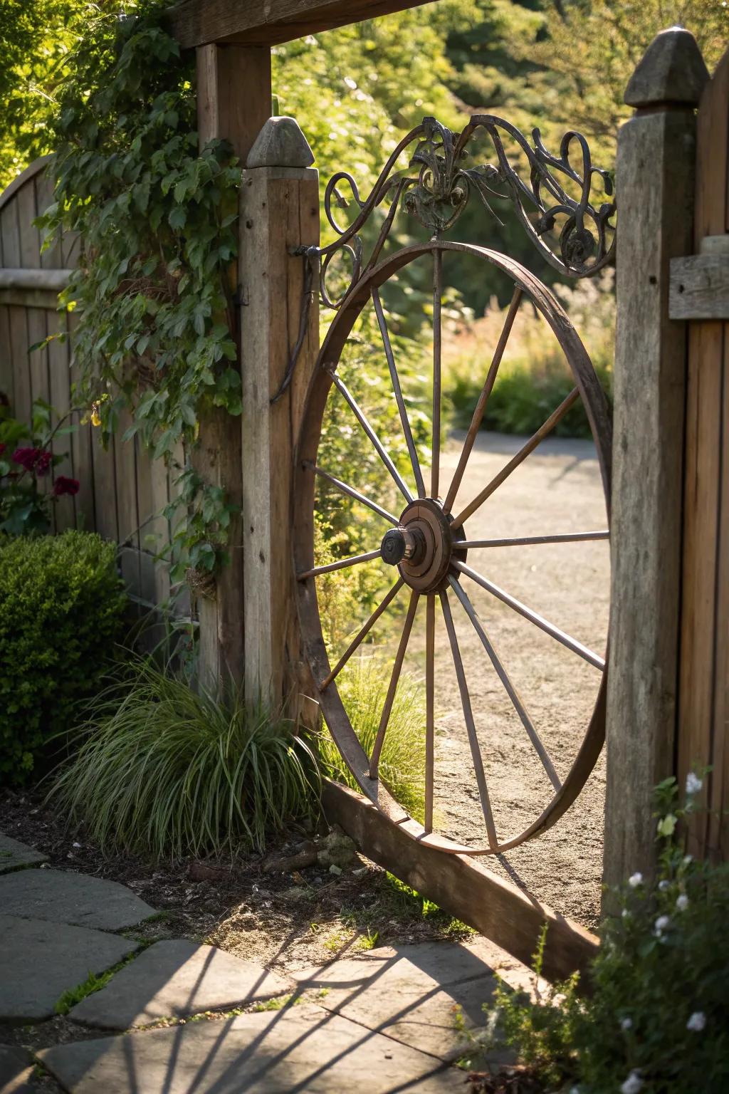 Transform your entrance with a touch of rustic charm: a metal wagon wheel gate centerpiece.