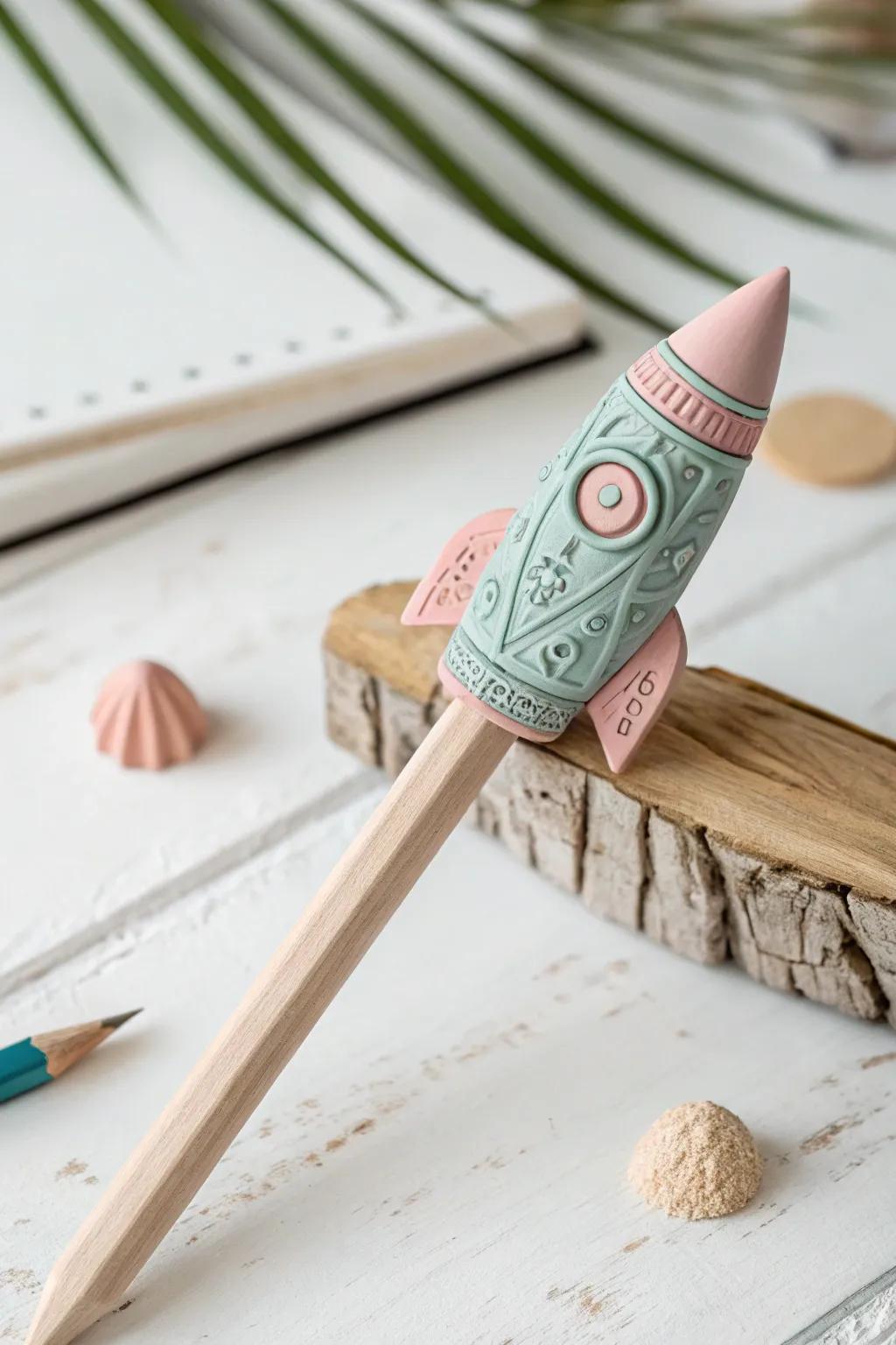 Elevate your writing with this charming rocket ship pencil topper, where creativity meets minimalist elegance.