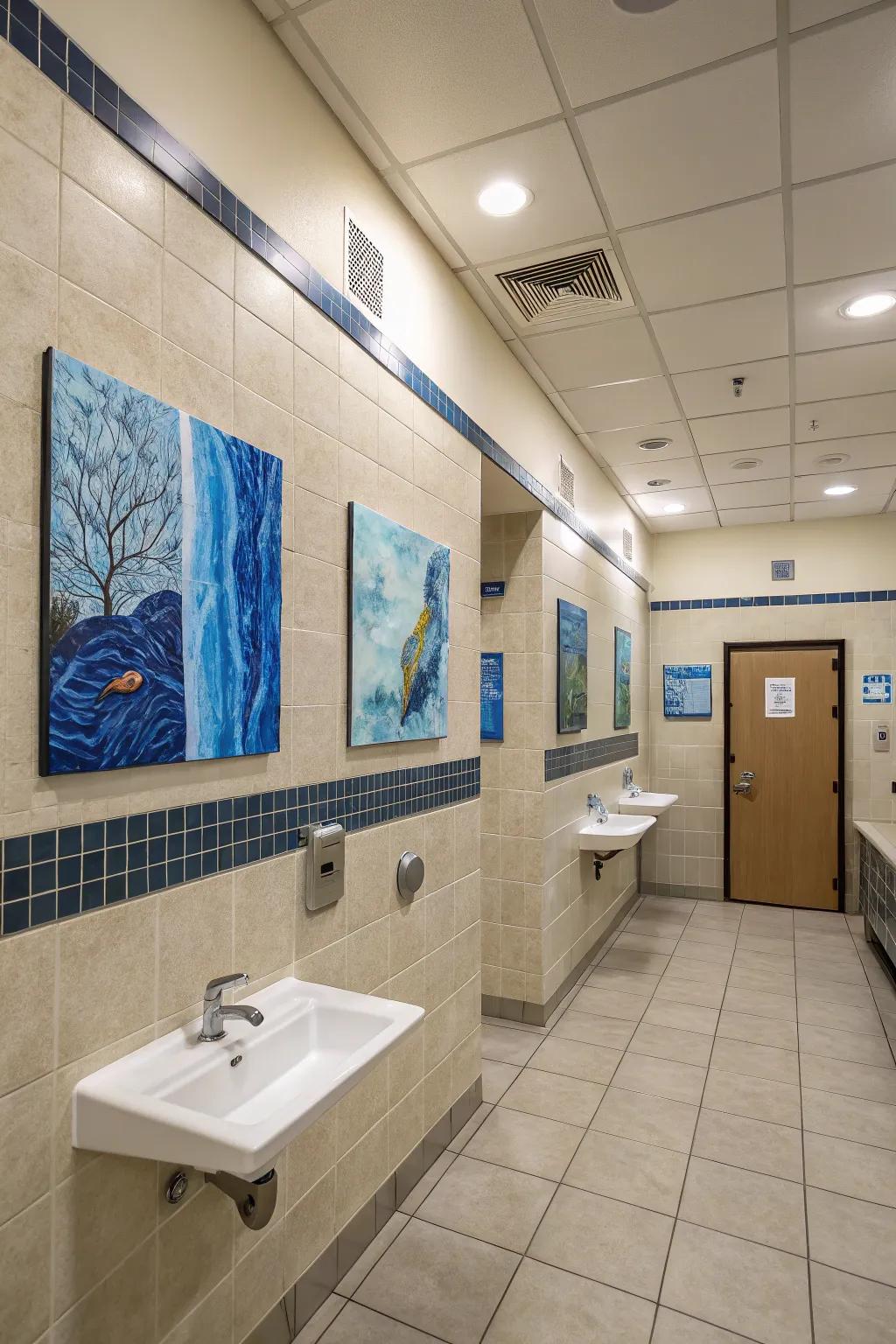 Blue artwork elegantly ties together the color scheme in this stylish bathroom.