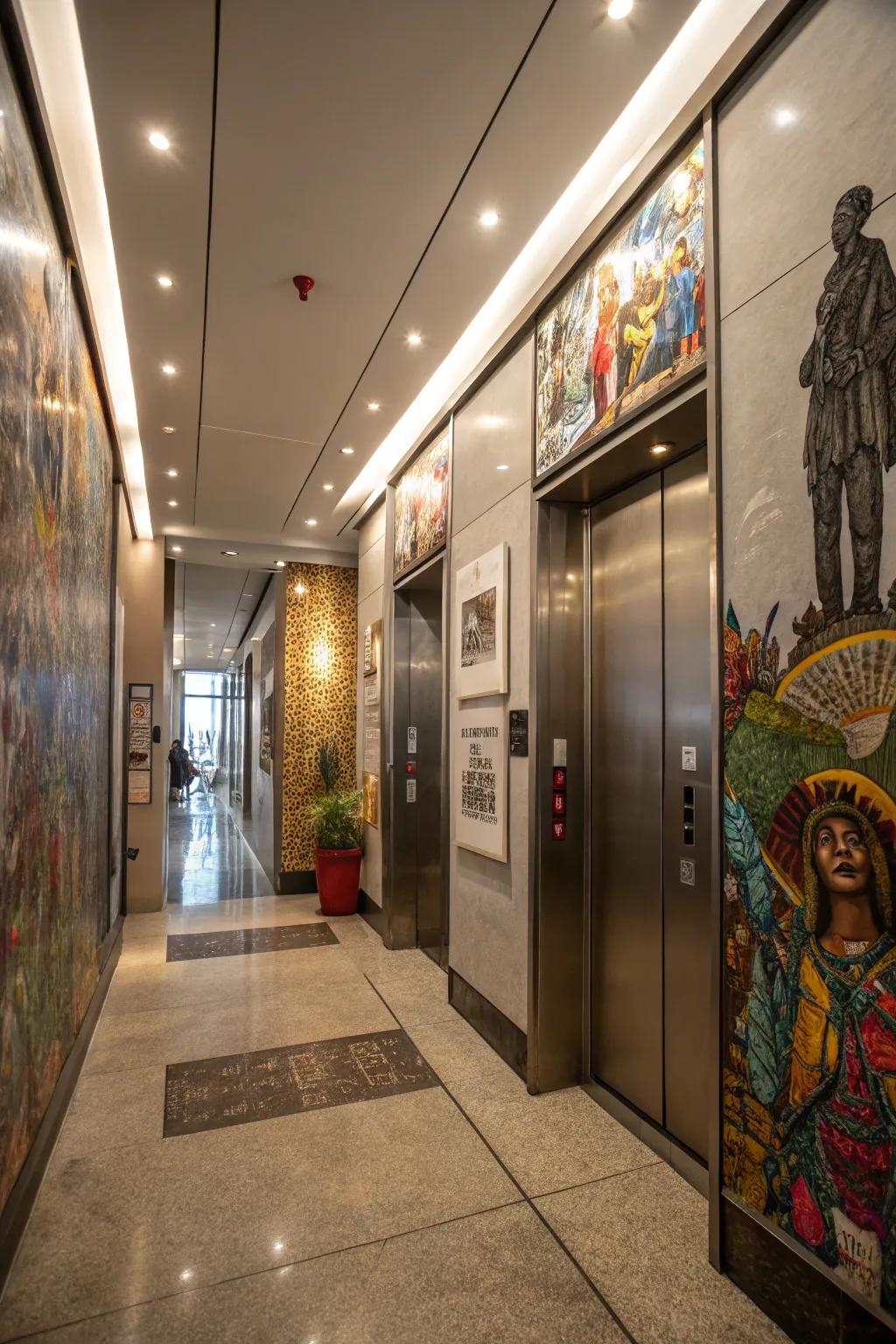 An elevator interior featuring artistic installations for a gallery-like experience.