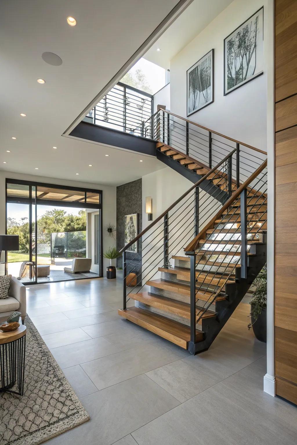 An innovative staircase design transforms this modern foyer.