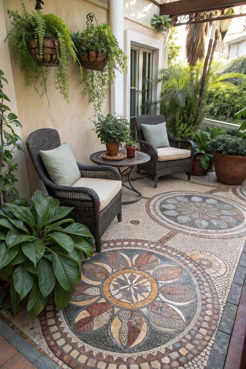 Pebble mosaics infuse artistry and personality into patios.