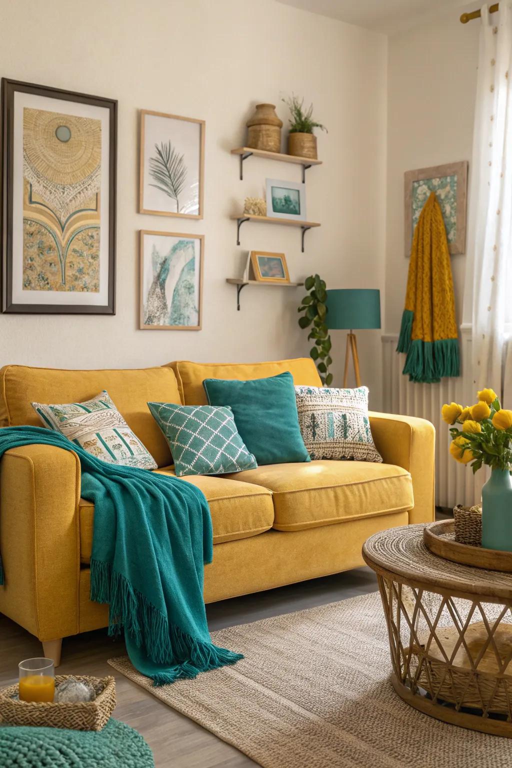 Teal paired with mustard yellow creates a bold and vibrant living space.