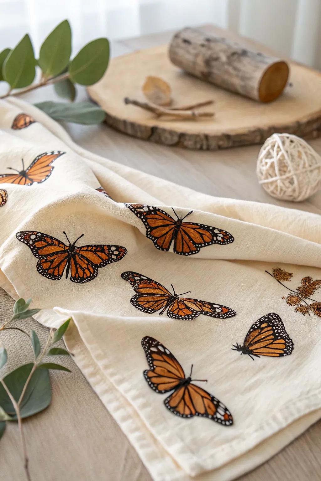 Nature's elegance captured in handcrafted butterfly print fabric, perfect for adding a touch of whimsy to your space.