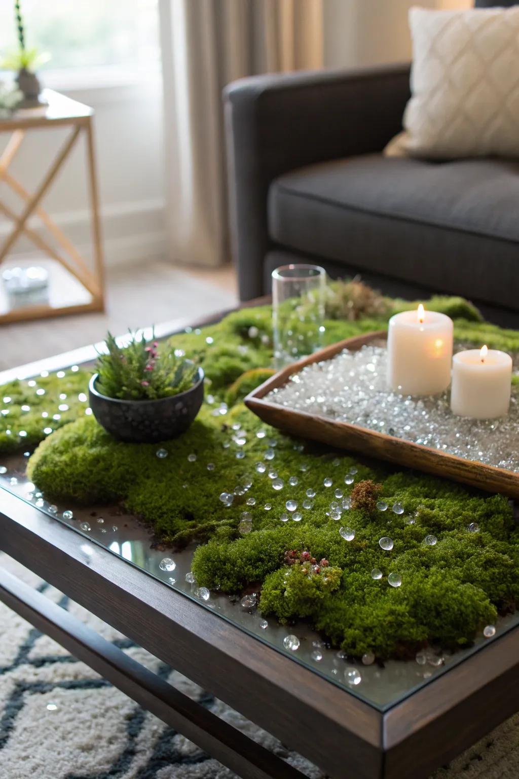 Moss and crystal display that mesmerizes with its natural beauty.
