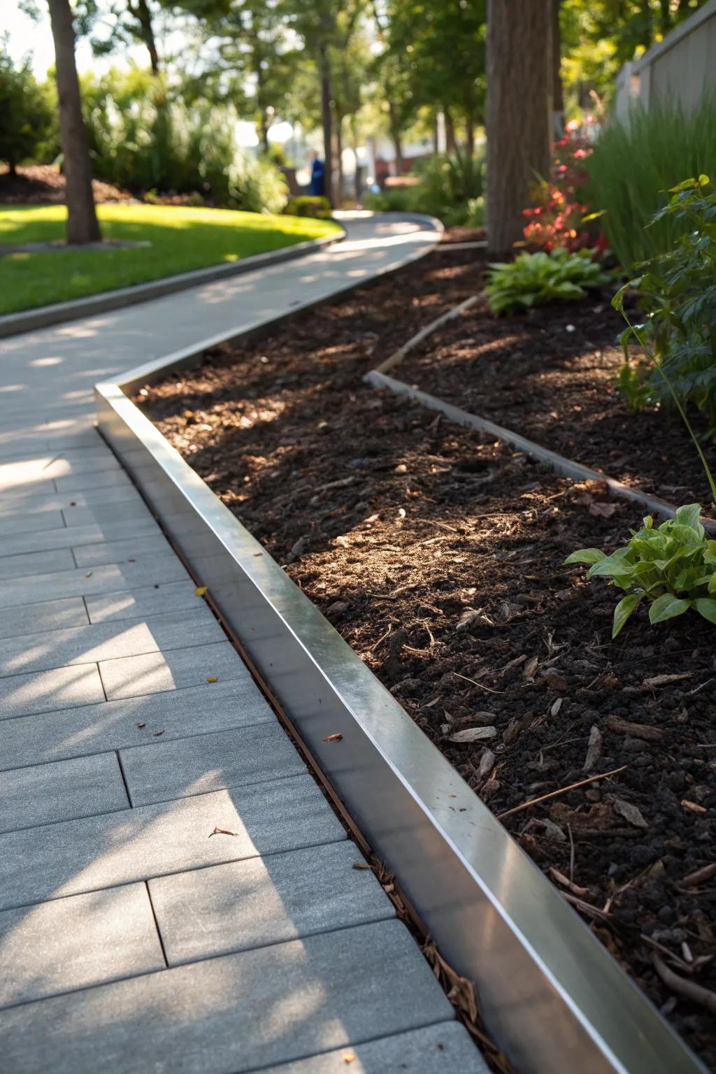 Elevate your garden design with crisp, modern steel edging for a mulch pathway.