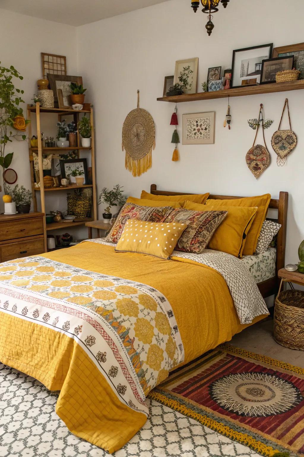 An eclectic bedroom showcasing a mix of textures and mustard tones.