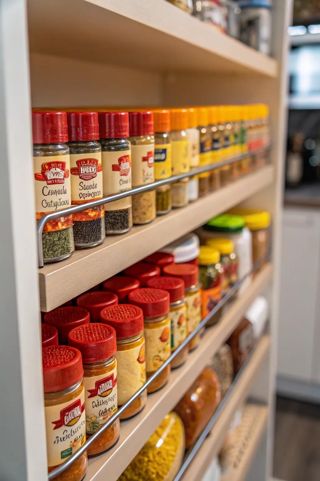 A narrow cabinet beautifully organizing spices in neatly arranged jars.