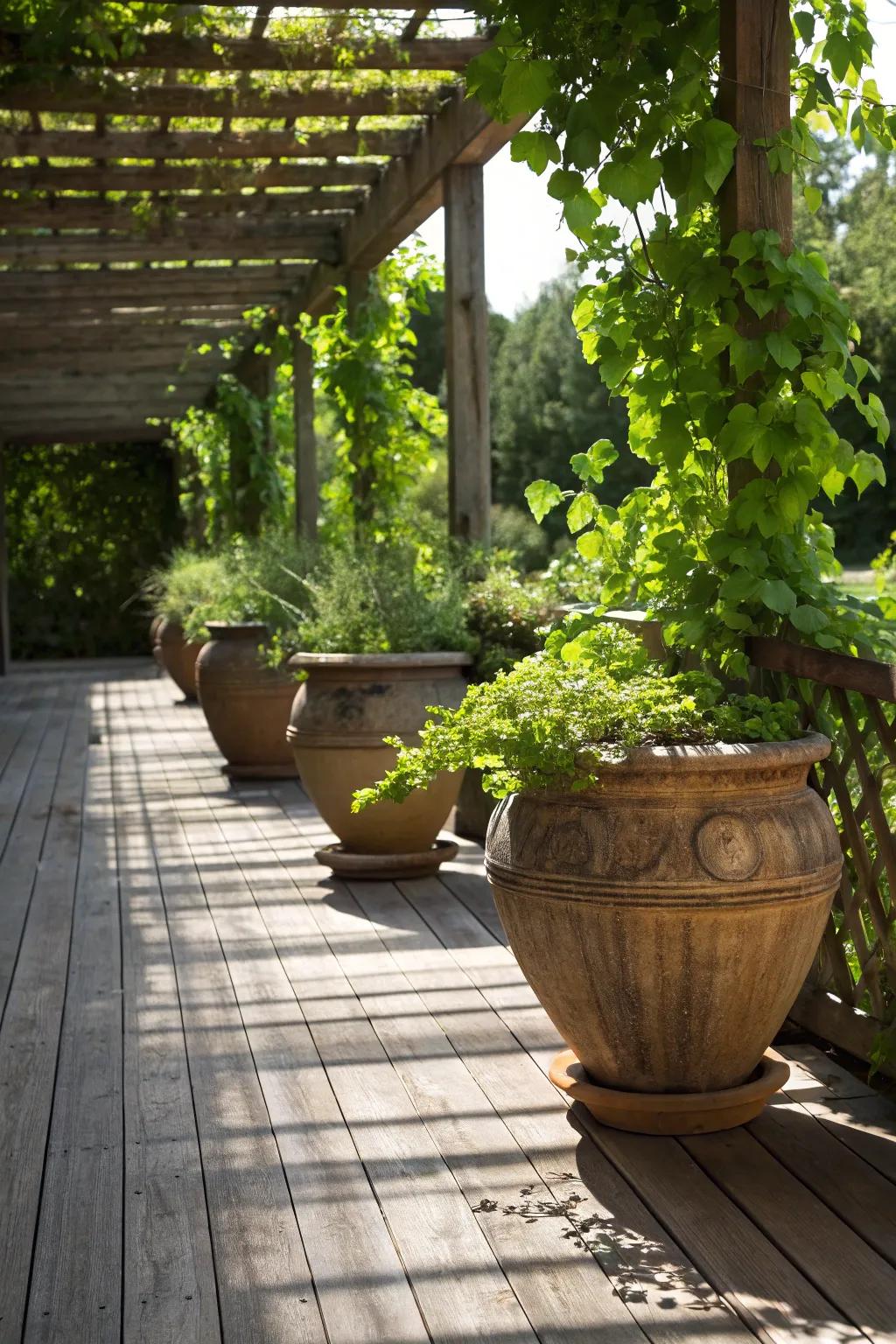 Craft your own oasis: Transform your deck into a private retreat with a versatile green screen of potted plants.