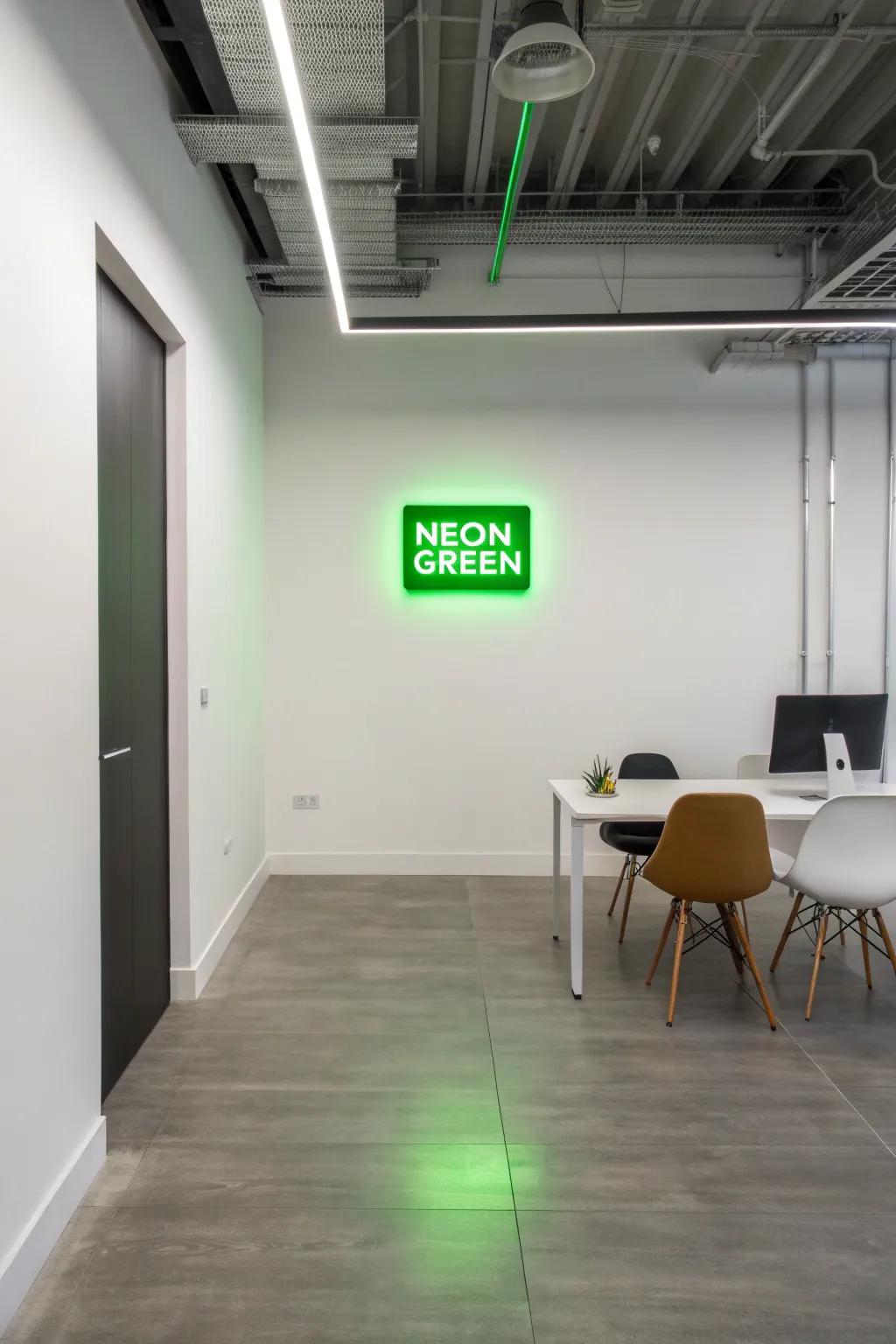 A bright neon sign creates a striking contrast in a minimalist office.