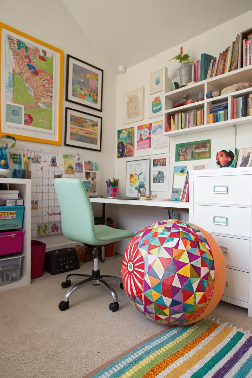 Ball chairs encourage movement and add a playful touch to the office.