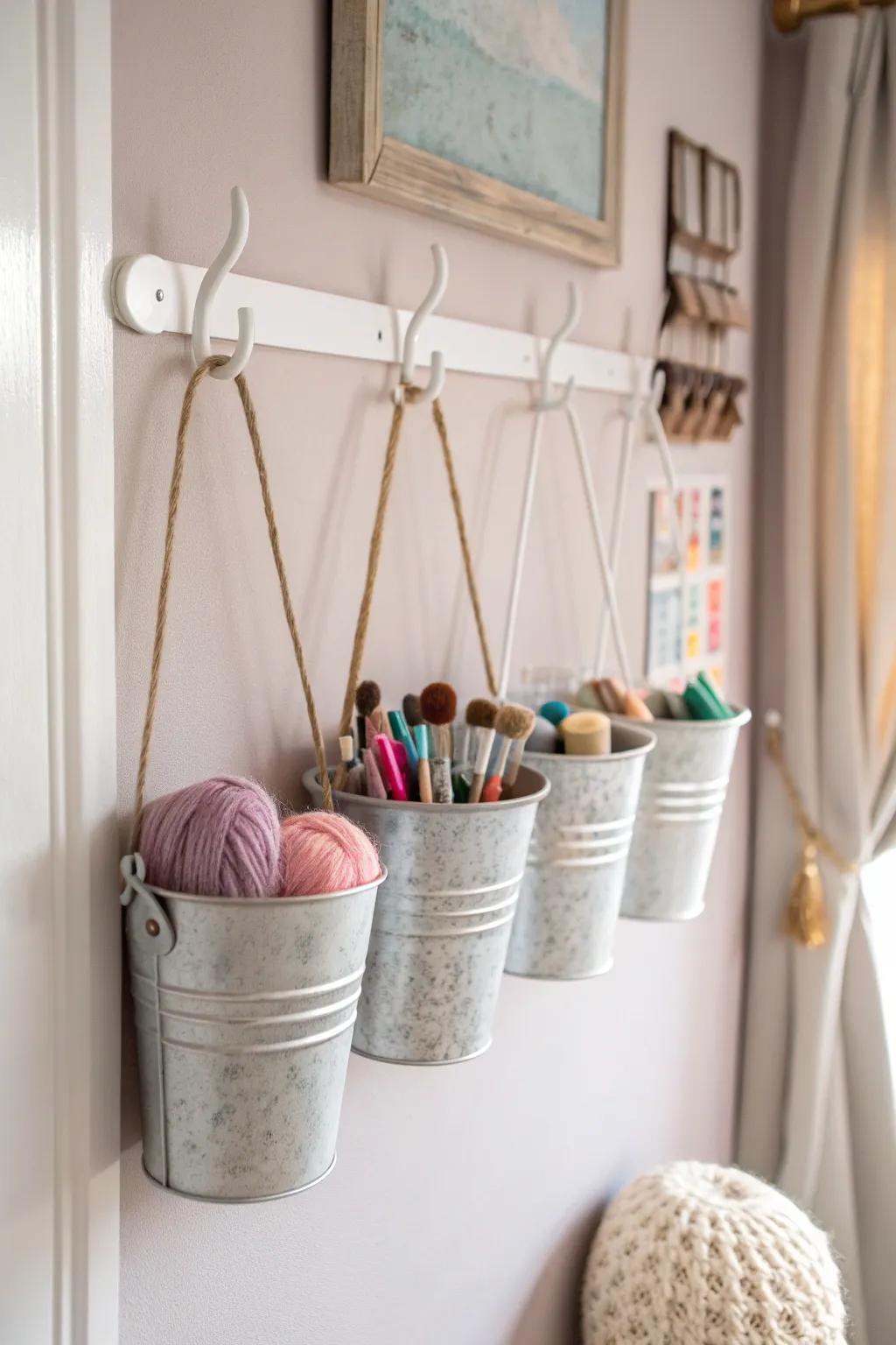 Elevate your craft room with chic bucket and hook storage, blending Scandinavian simplicity with boho charm.