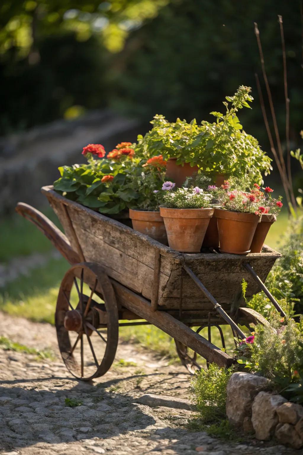 Revitalize your garden with a rustic wheelbarrow plant display, blending craftsmanship with nature's beauty.