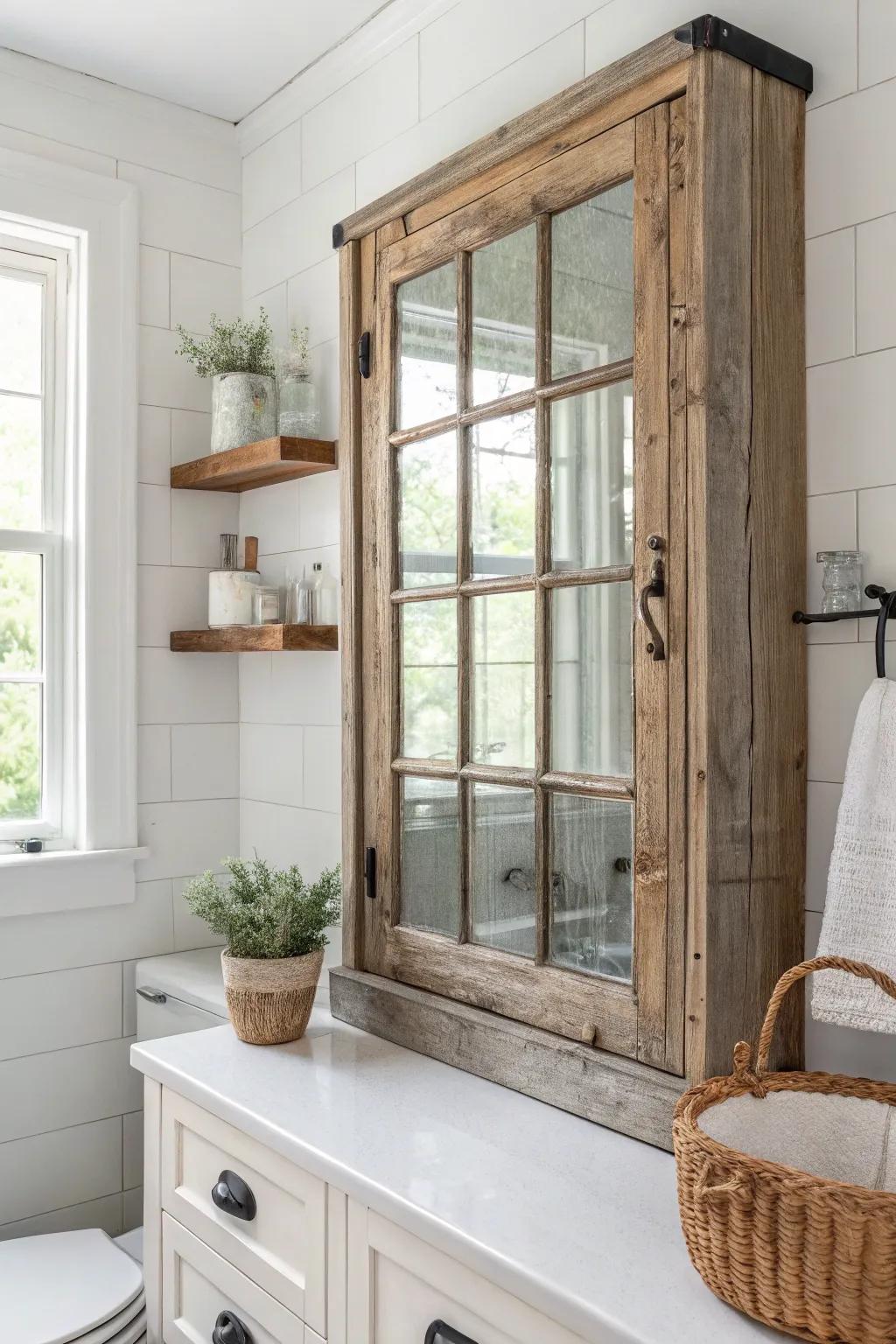 Transform your bathroom with rustic charm using an old window as a cabinet door. Embrace simplicity and natural beauty.