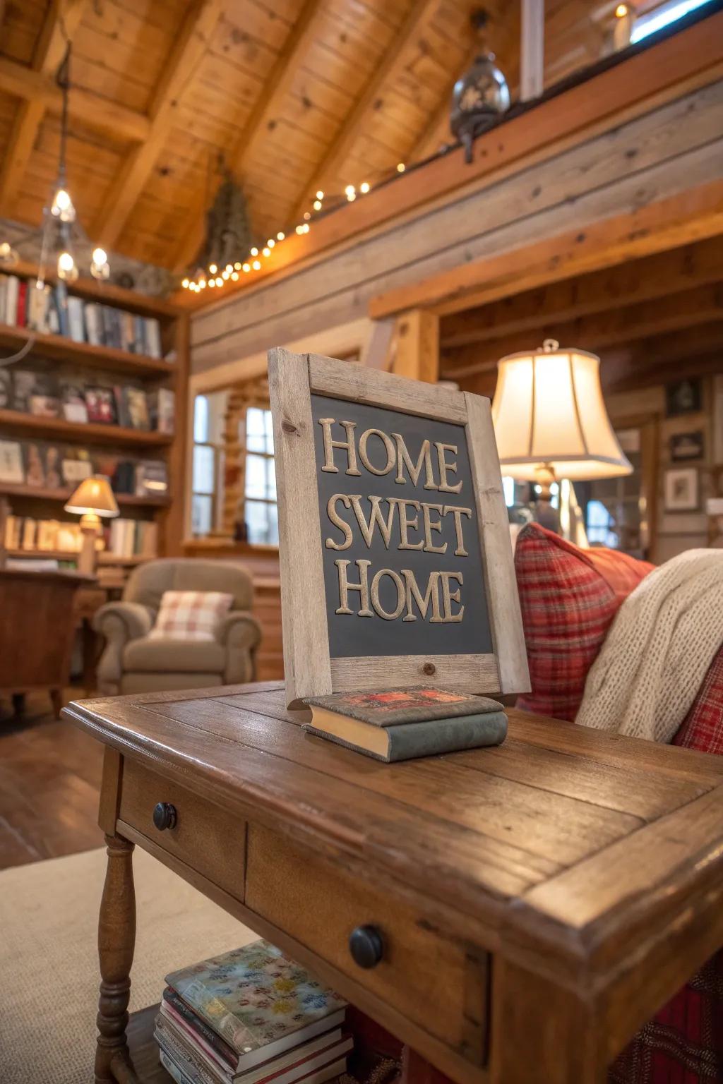 Introduce natural warmth with a rustic reclaimed sign.