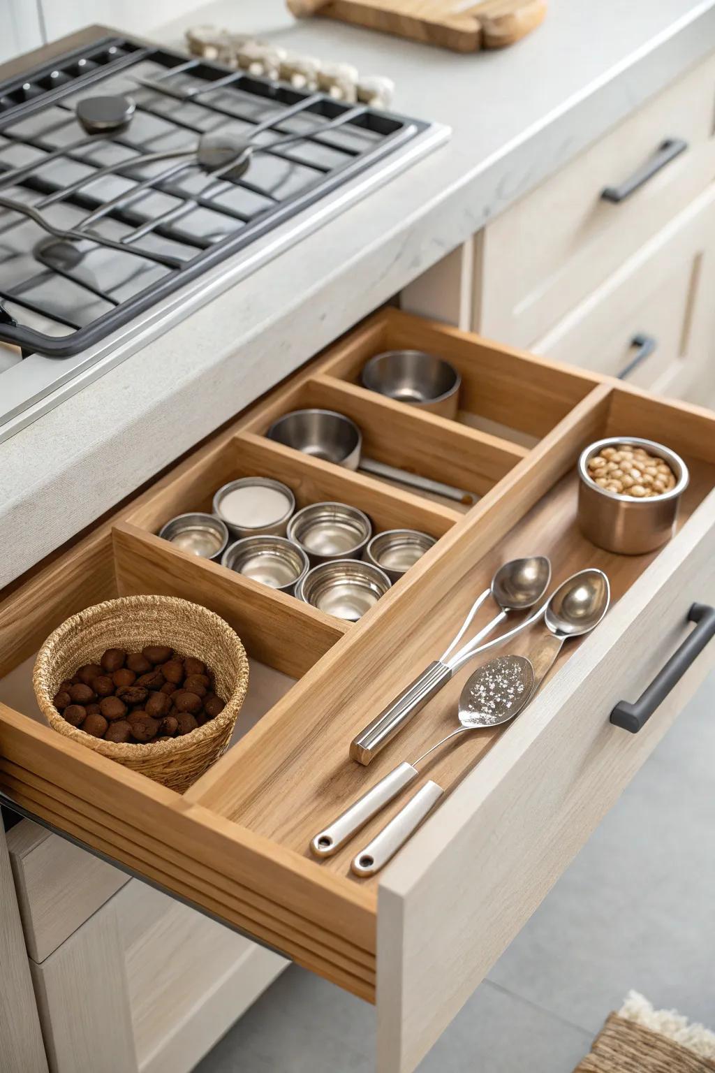 Transform your kitchen with a beautifully organized baking supplies drawer. Simplicity and elegance at your fingertips!