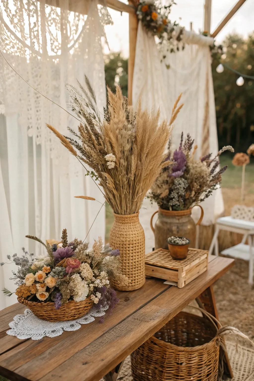 Timeless dried flower arrangements for a sustainable boho wedding.