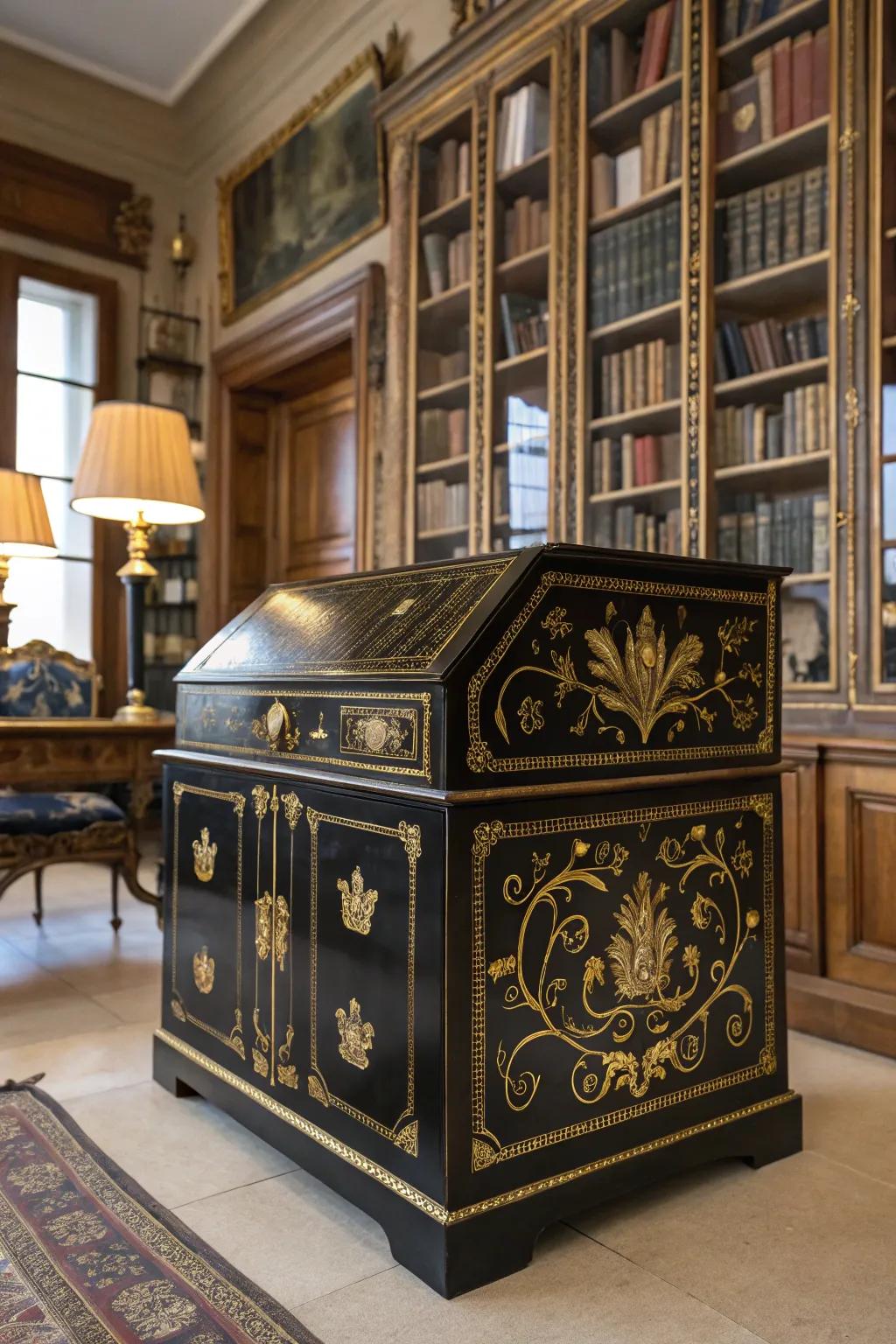 Timeless elegance with a black and gold chest.