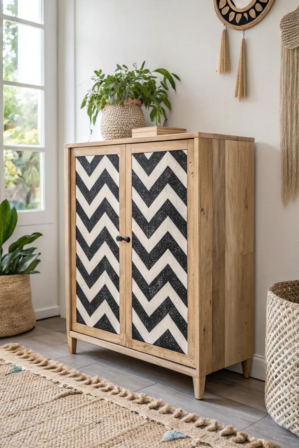 Transform your space with this stunning chevron-patterned cabinet – where bold design meets natural beauty.