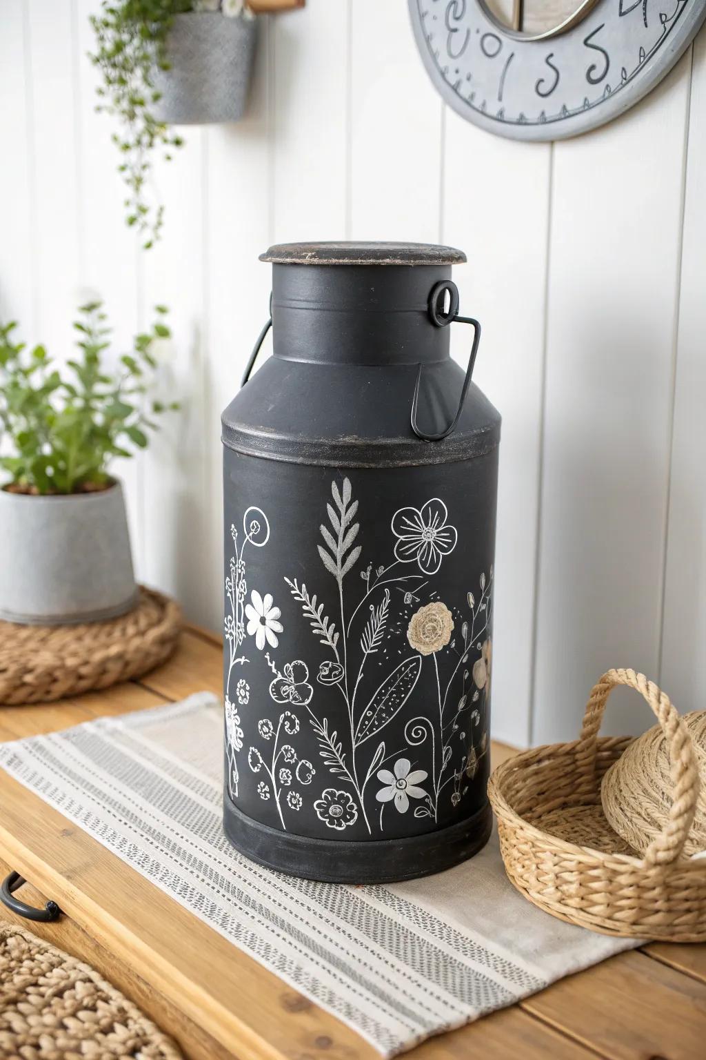 Transform your space with a charming chalkboard milk can—where every doodle tells a new story.