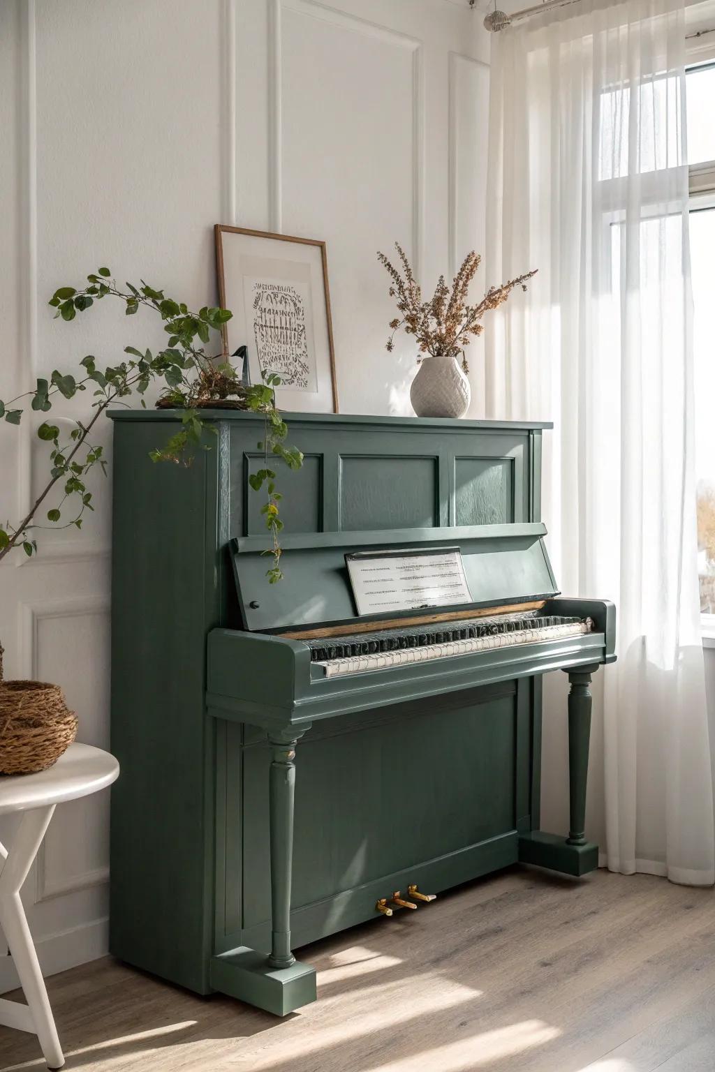 Transform your space with the serene elegance of an olive green piano masterpiece.