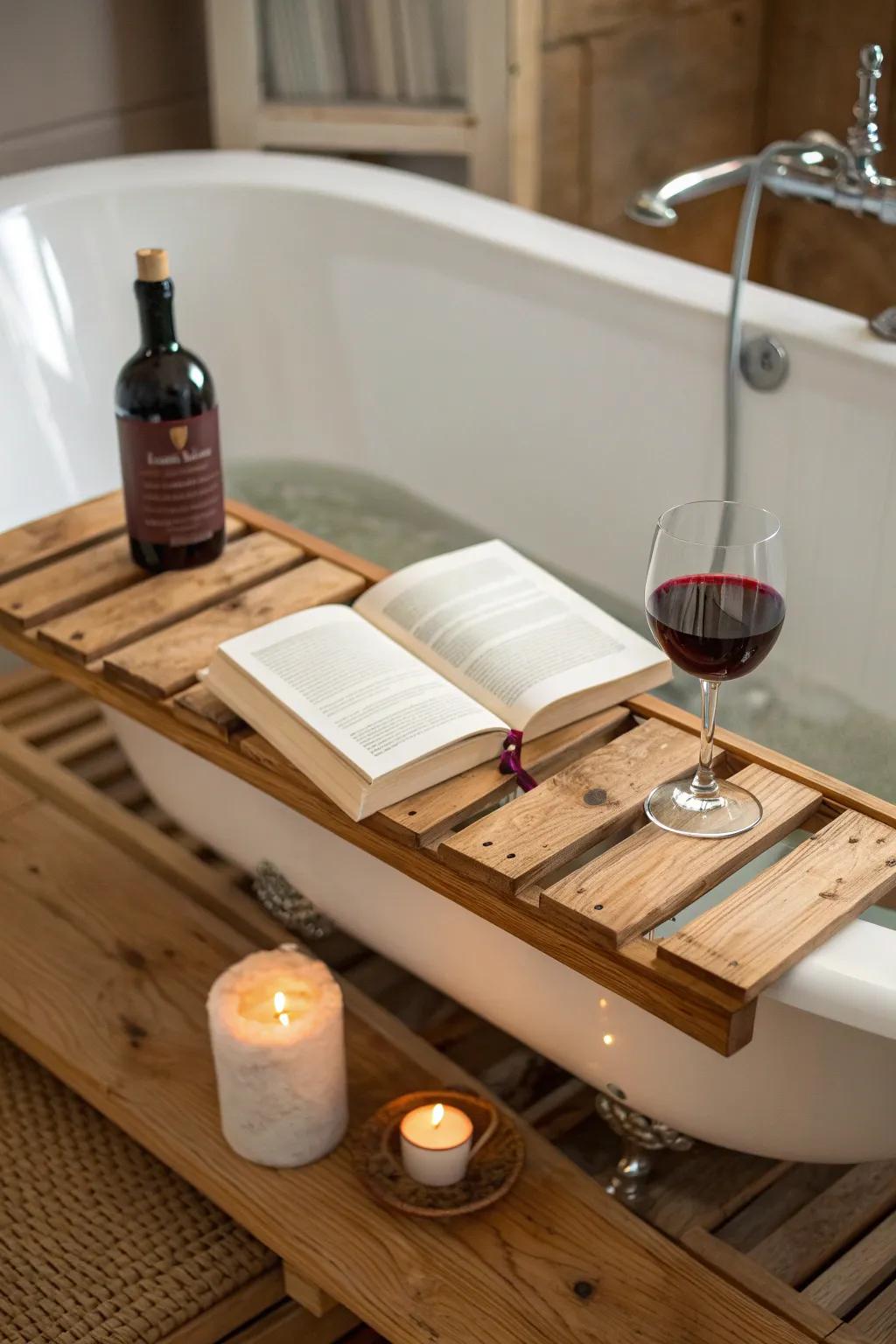 Elevate your bath time with a handcrafted pallet caddy — the perfect blend of style and relaxation.