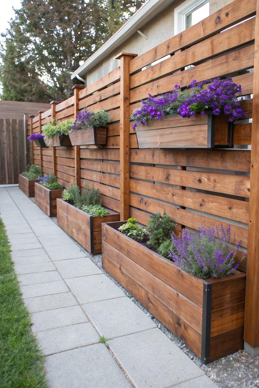 Elevate your outdoor space with a handcrafted pallet fence featuring built-in lavender planters for beauty and privacy.