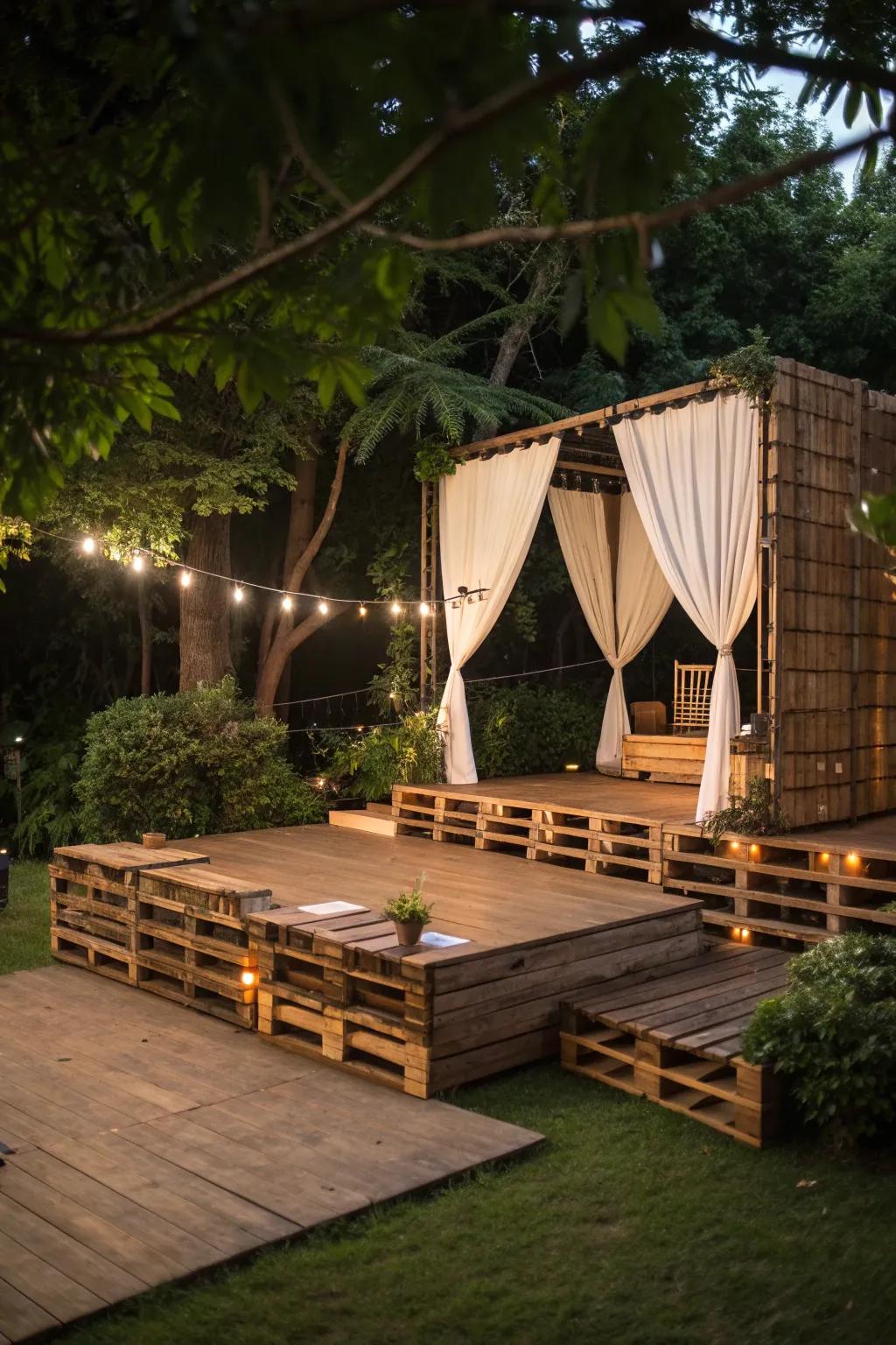 Transform your backyard into a captivating open-air theater with this stunning pallet stage setup, perfect for unforgettable performances under the stars.