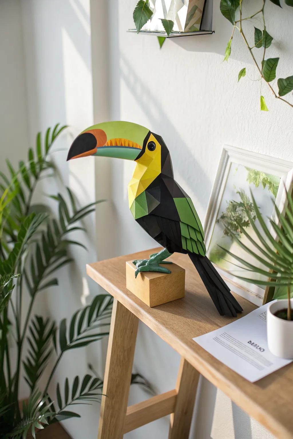 Bring the rainforest indoors with this vibrant paper toucan, a perfect blend of art and nature.