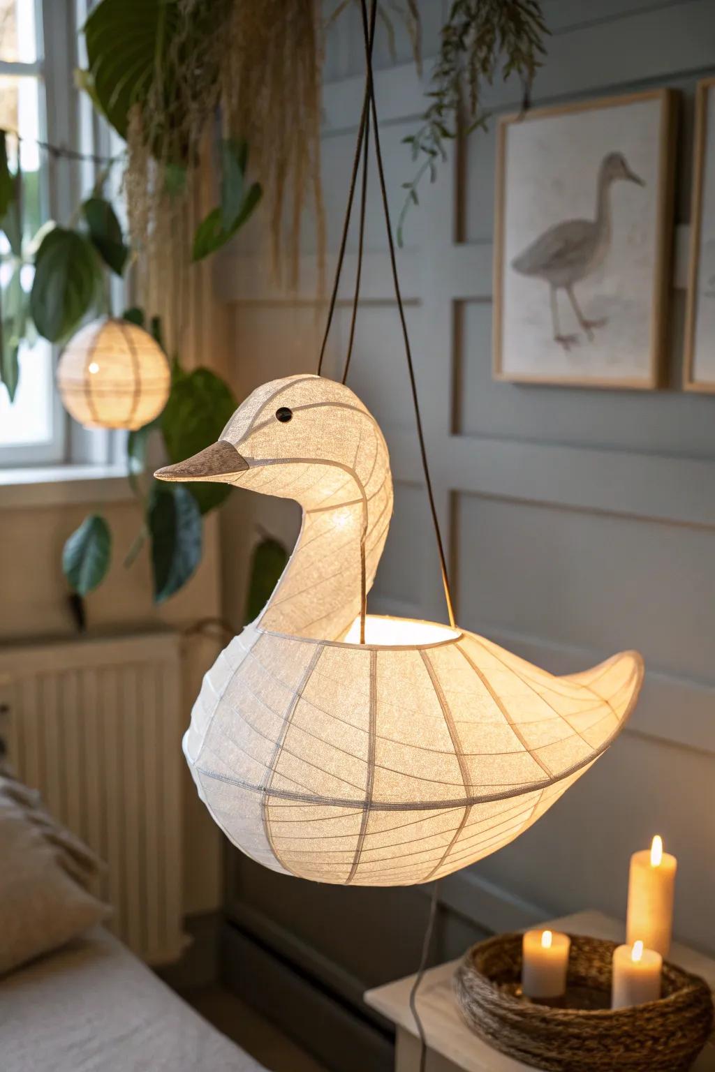 Illuminate your space with the enchanting glow of a handcrafted paper duck lantern.