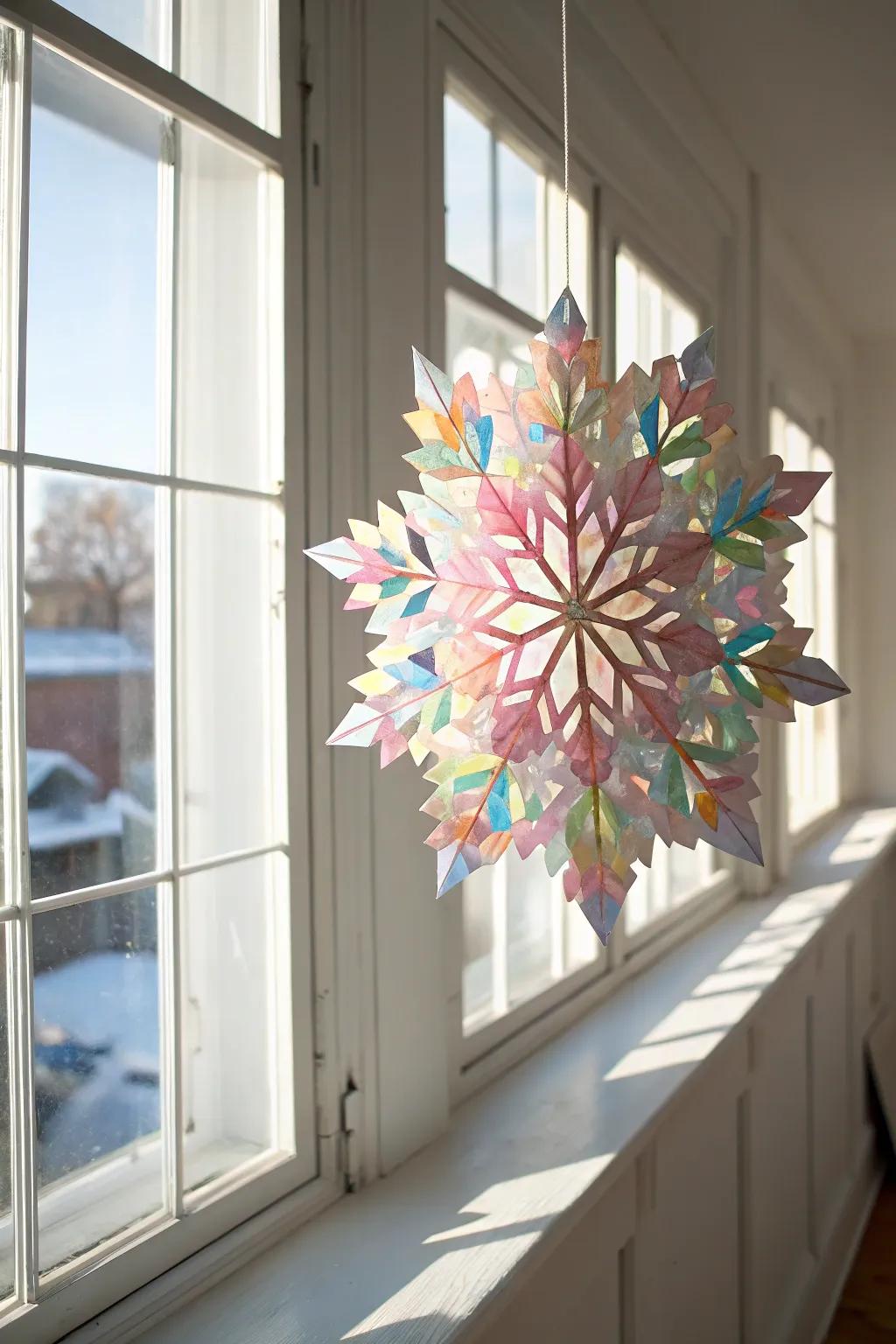 Transform your windows into a vibrant masterpiece with layered cellophane snowflakes. #ScandiBoho #Craftsmanship