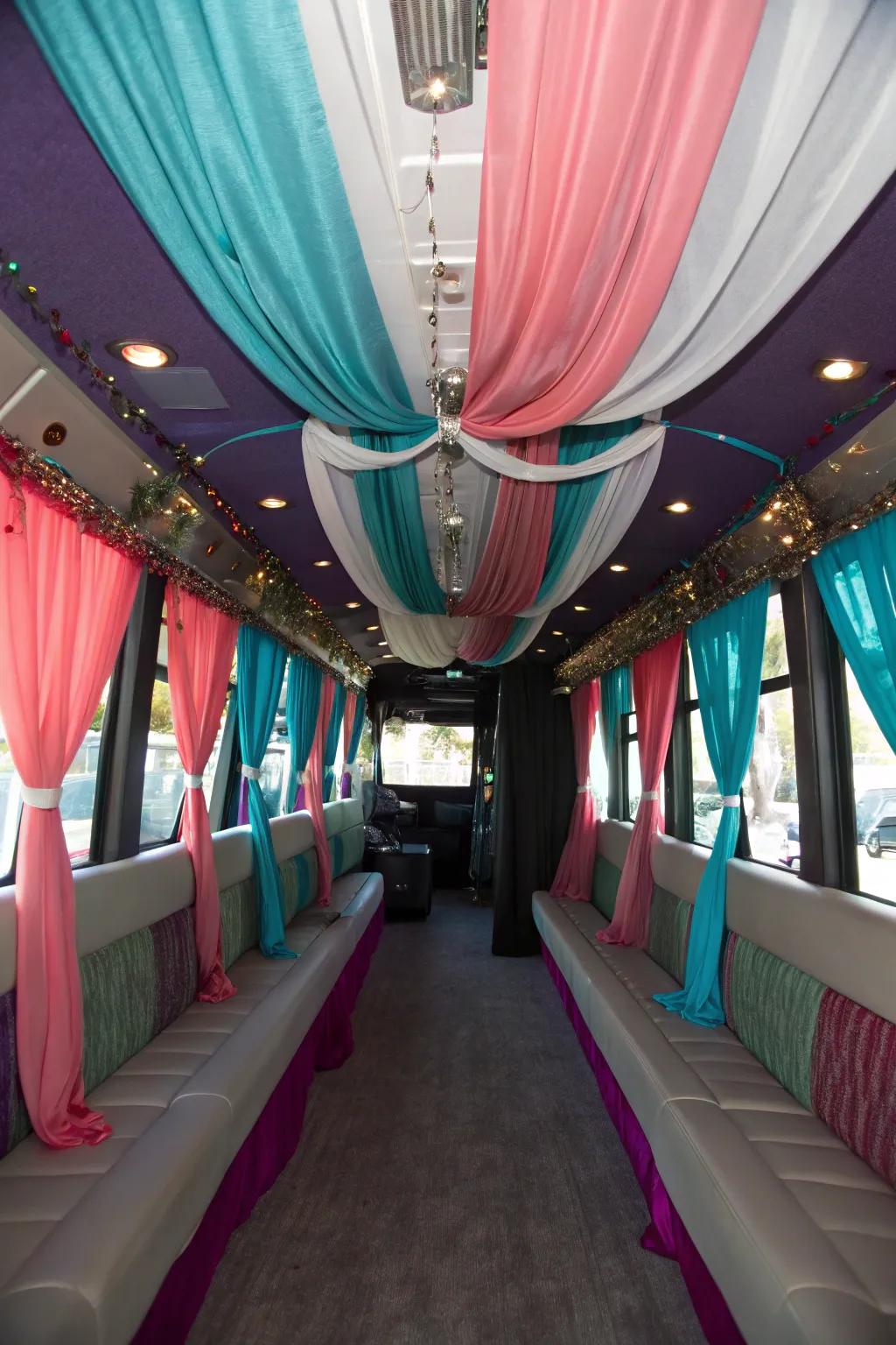 Fabric drapes create a luxurious and inviting atmosphere.
