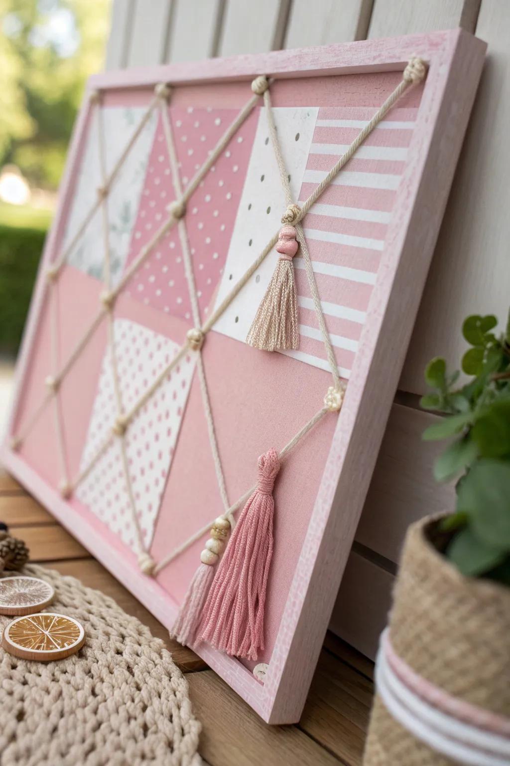 Elevate your space with a playful mix of patterns on a minimalist pink bulletin board, where Scandinavian simplicity meets boho charm.